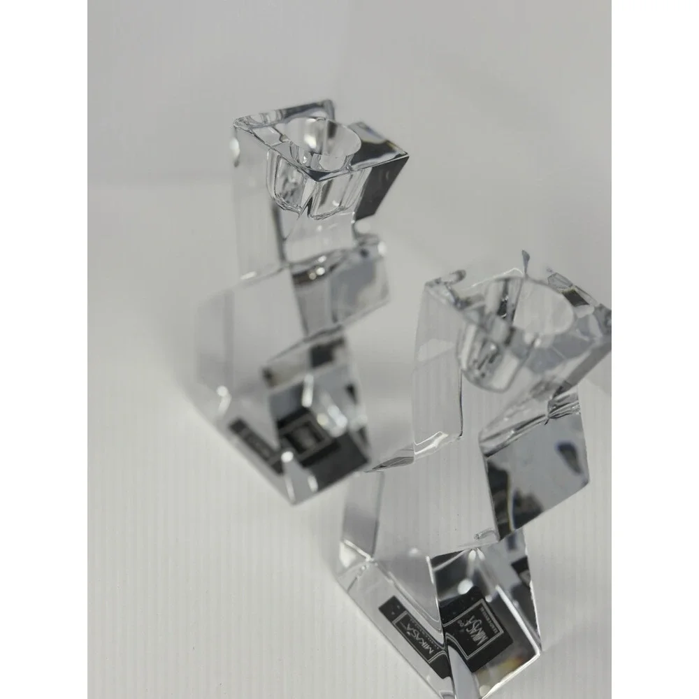 Pair Lead Crystal Mikasa Enigma Candleholders Zig Zag Abstract Elegant  Box 5